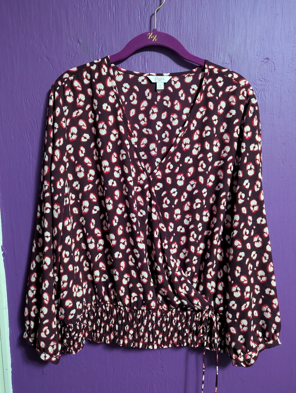 💜 Candie's Burgundy Leopard Print V-Neck Long Sleeve Cropped Blouse XXL 16